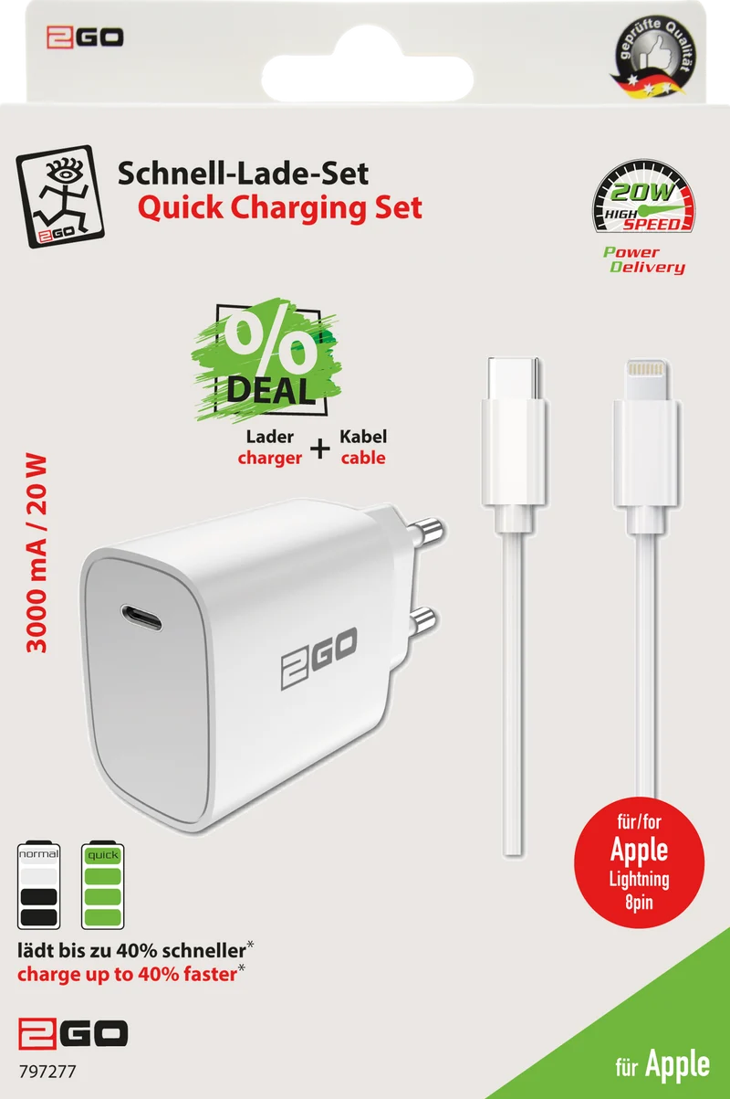 Netz-Ladeset 100 V - 240 V - 2-teilig - Power Delivery - USB Type-C auf Lightning Kabel - 20 W - 3600 mA - weiß