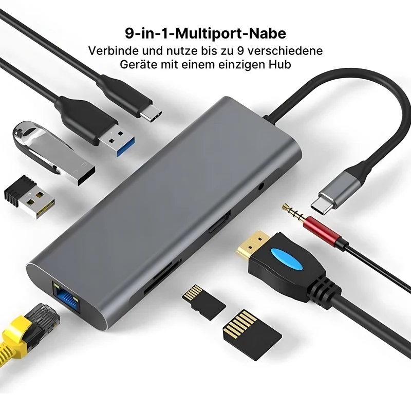 Aluminium 9-in-1 USB-C Hub mit 4K HDMI, PD-Schnellladefunktion & Ethernet