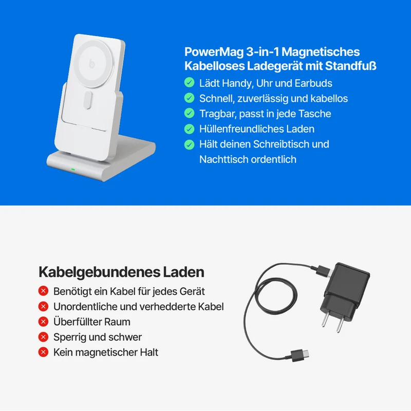 PowerMag 3-in-1 Magnetisches Kabelloses Ladegerät mit Ständer
