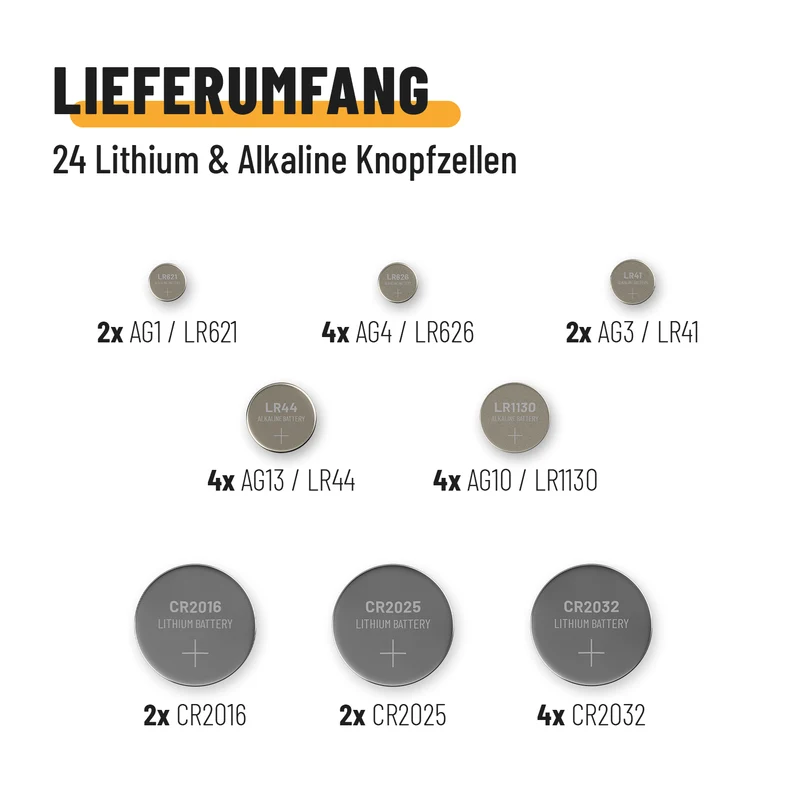 Knopfzellenset mit 8 Sorten, Alkaline und Lithium