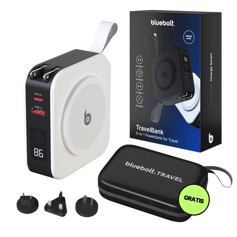 TravelBank 5-in-1-Wandladegerät mit kabelloser Ladematte und Powerbank