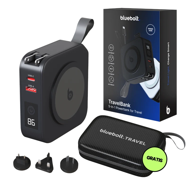 TravelBank 5-in-1-Wandladegerät mit kabelloser Ladematte und Powerbank