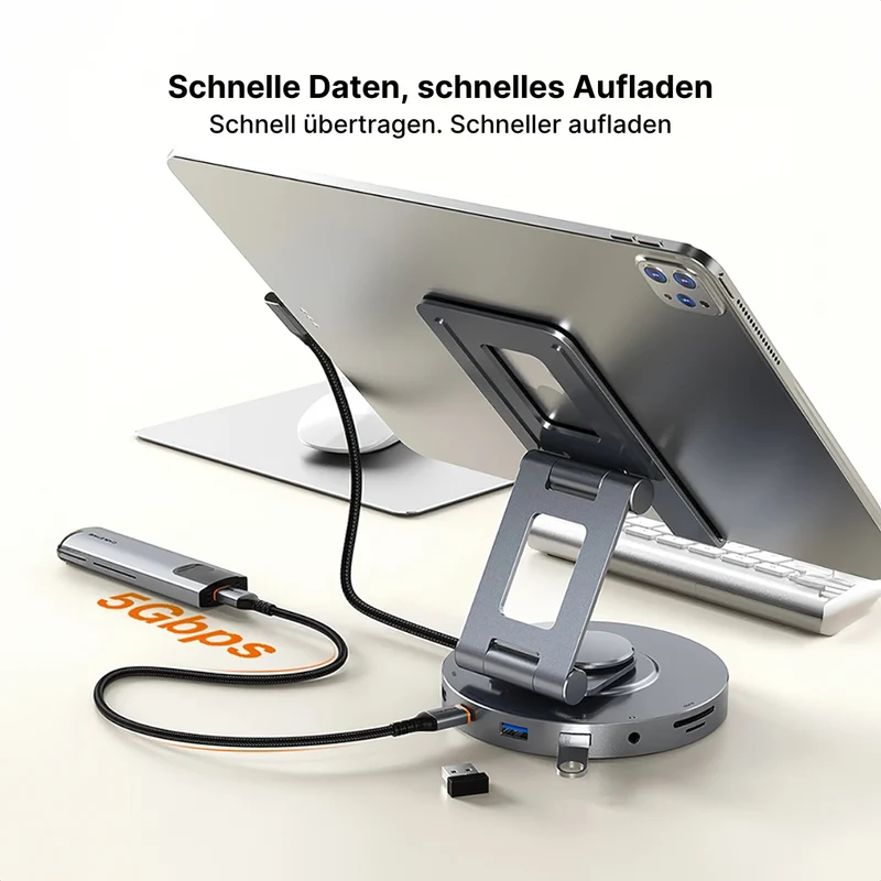 Aluminium 8-in-1 USB-C-Hub mit faltbarem 360° drehbarem Ständer und 4K HDMI