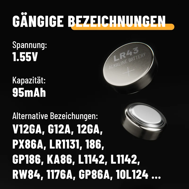 LR43 Knopfzellen (AG12), 1,5 V Alkaline