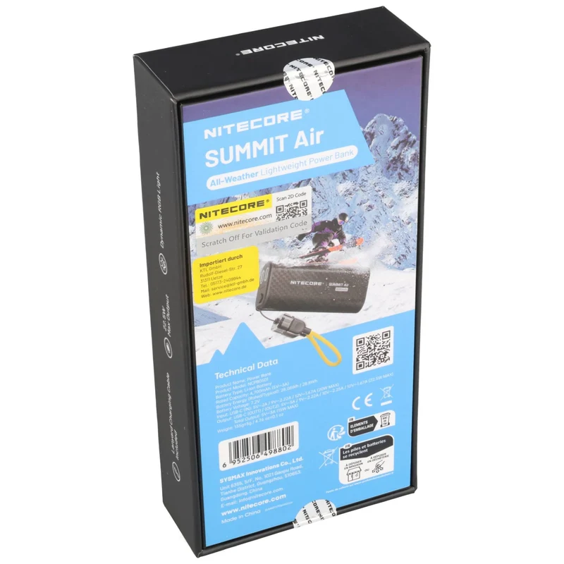 Nitecore Powerbank SUMMITAIR, Kapazität 8000mAh, kältebeständig bis zu -40°C, für Winter-Aktivitäten wie Skifahren