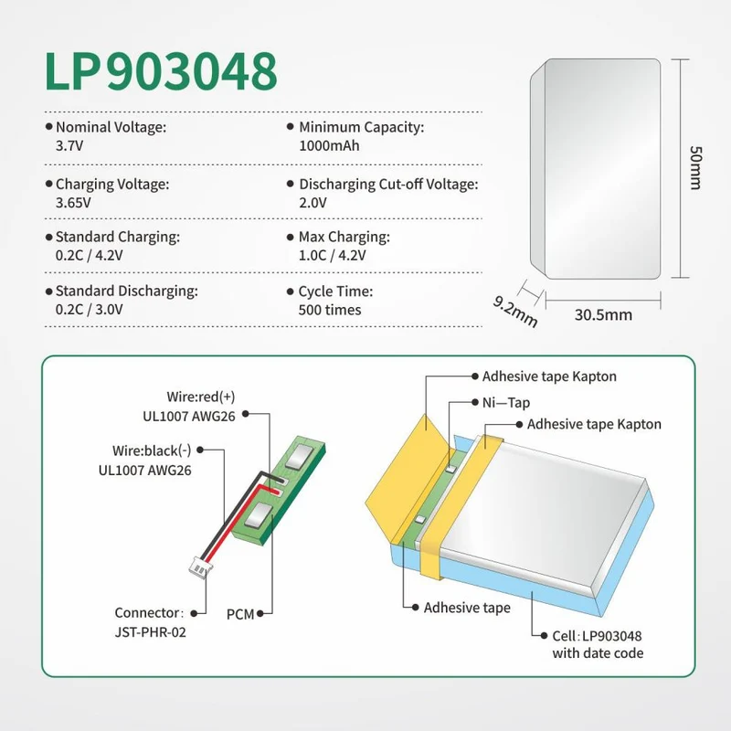 2pcs 903048 Lipo 3,7 V 1000 mAh Lithium-Polymer-Akku für RC-Helikopter