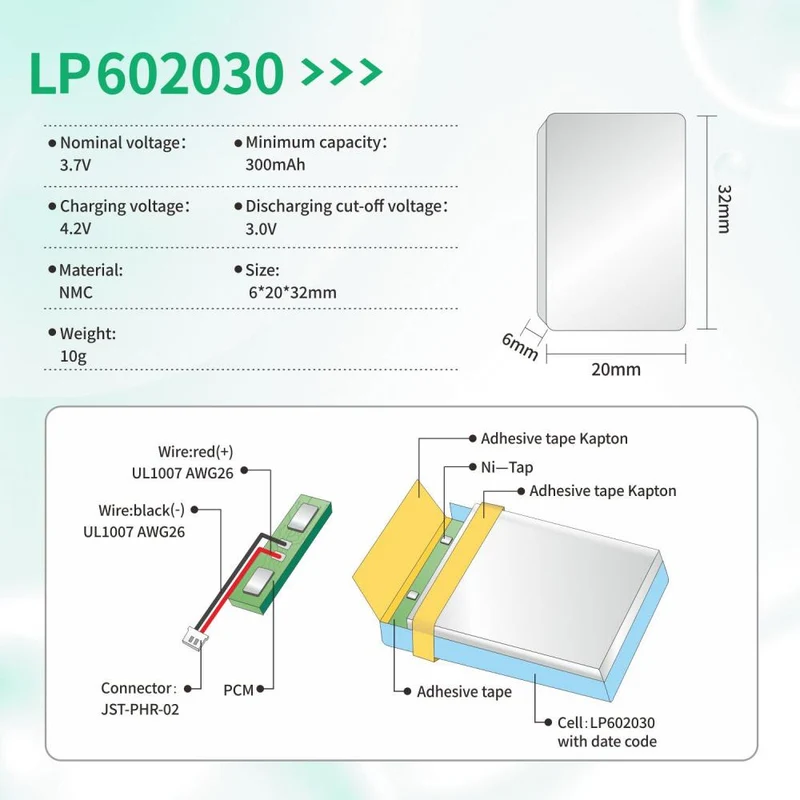 602030 Lipo 3,7V 300mAh Lithium Polymer Akku für Bluetooth-Headsets