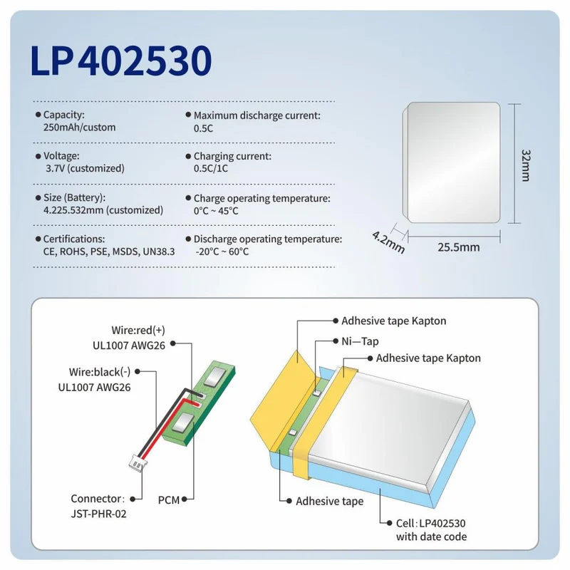 402530 3,7 V 250mAh 300mAh Li-Polymer-Akku für drahtlose Bluetooth-Lautsprecher