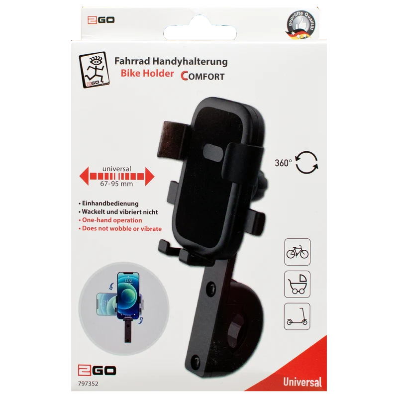 Fahrrad Handyhalterung "Comfort" - Einhandbedienung - mechanische Verriegelung - 67 mm - 95 mm Breite - schwarz