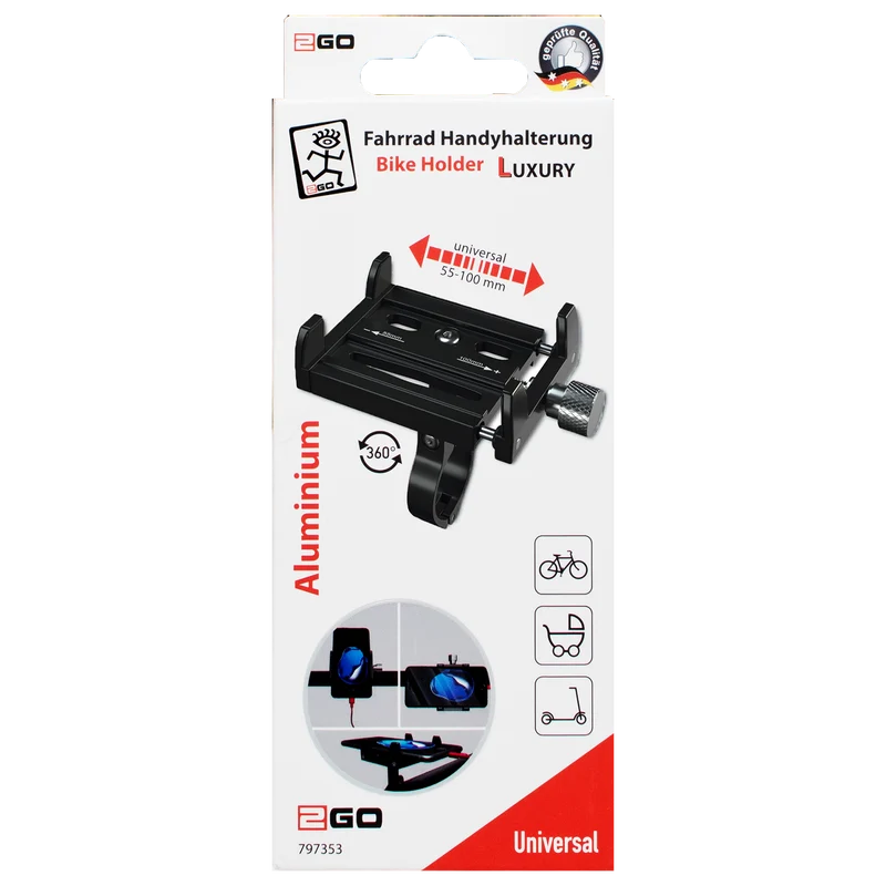 Fahrrad Handyhalterung "Luxury" - Vollmetall - stufenlos verstellbar zwischen 55 mm & 100 mm Breite - 360° drehbar - schwarz