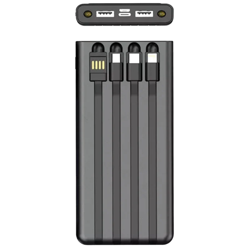 Powerbank mit Solar-Notfall-Ladung - 10000 mAh - 2x USB - integrierte Kabel - Display - LED - grau