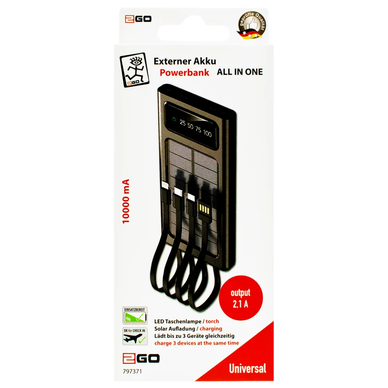 Powerbank mit Solar-Notfall-Ladung - 10000 mAh - 2x USB - integrierte Kabel - Display - LED - grau
