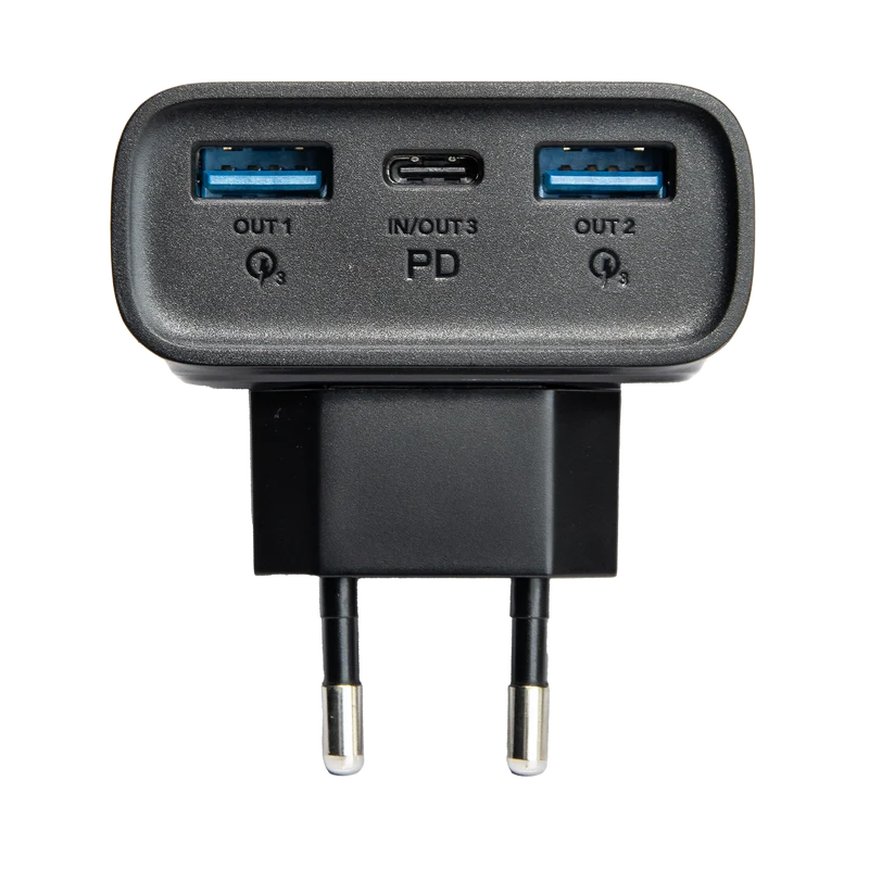 Powerbank mit Netzstecker - 10000 mAh - 2 x USB A - 1 x USB Type-C - Status-LED - schwarz