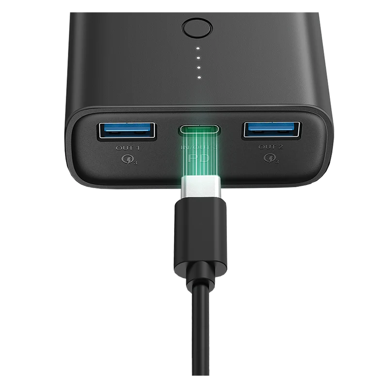 Powerbank mit Netzstecker - 10000 mAh - 2 x USB A - 1 x USB Type-C - Status-LED - schwarz