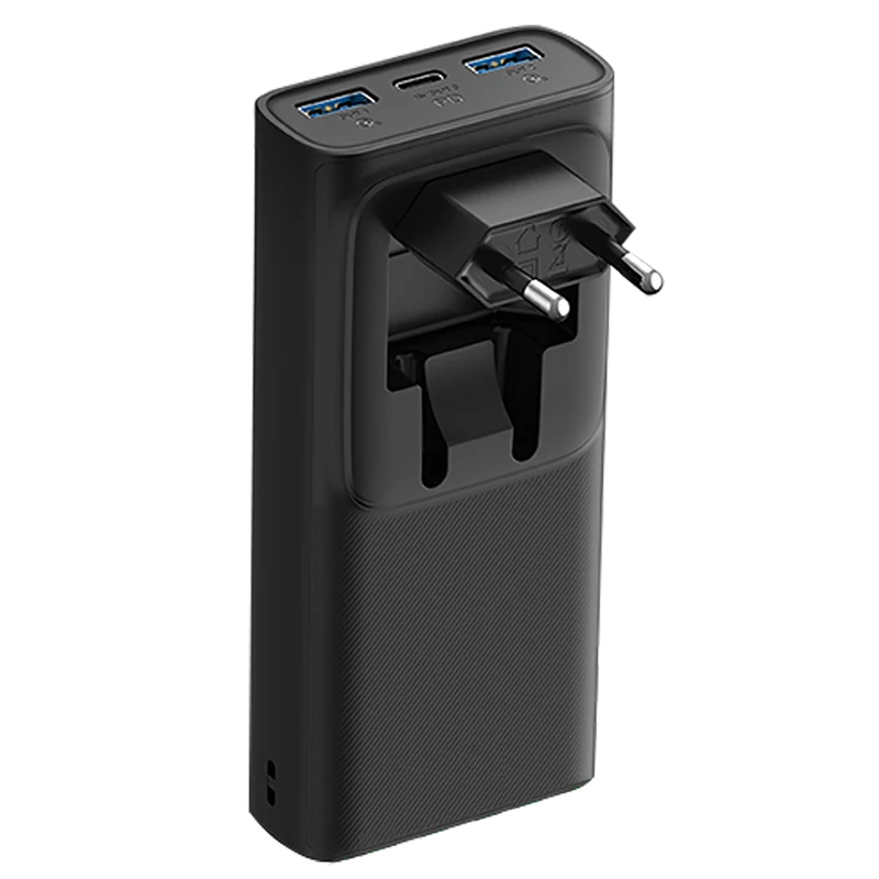 Powerbank mit Netzstecker - 10000 mAh - 2 x USB A - 1 x USB Type-C - Status-LED - schwarz