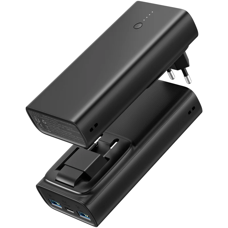 Powerbank mit Netzstecker - 10000 mAh - 2 x USB A - 1 x USB Type-C - Status-LED - schwarz