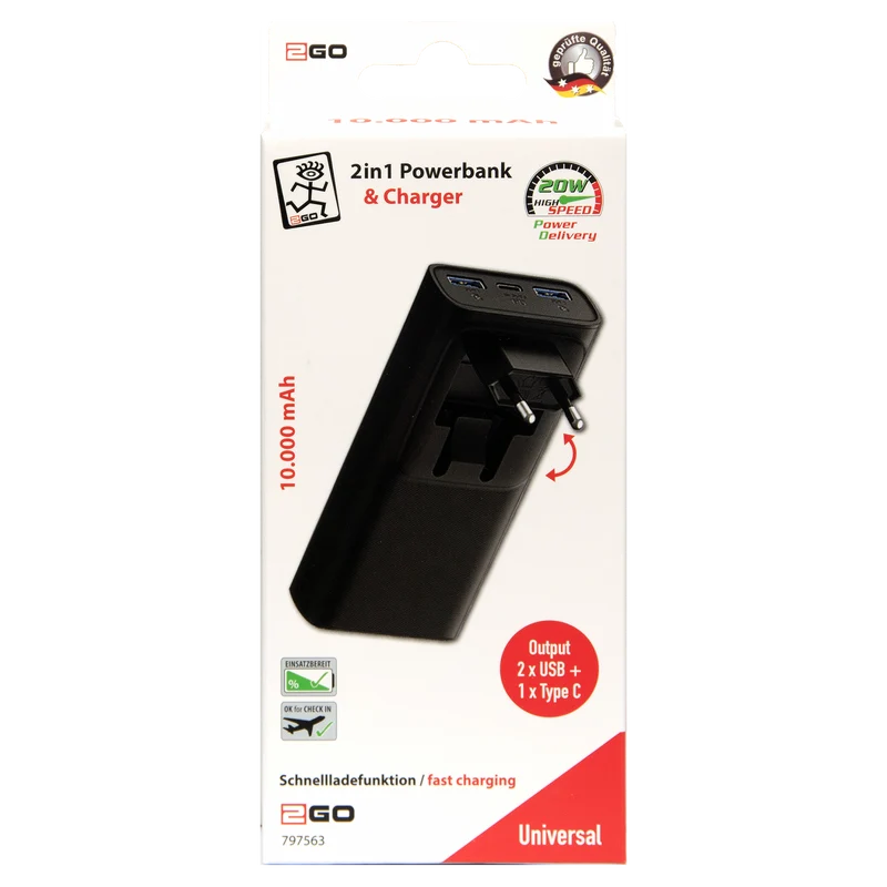 Powerbank mit Netzstecker - 10000 mAh - 2 x USB A - 1 x USB Type-C - Status-LED - schwarz