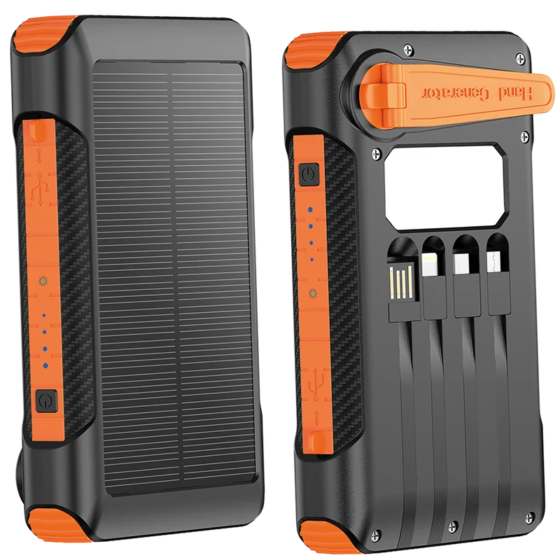 Powerbank All-in-One - 10000 mAh - Notfall-Solar-Panel & Handkurbel - 1 x USB A - integrierte Kabel - LED - Status-LED - schwarz / orange
