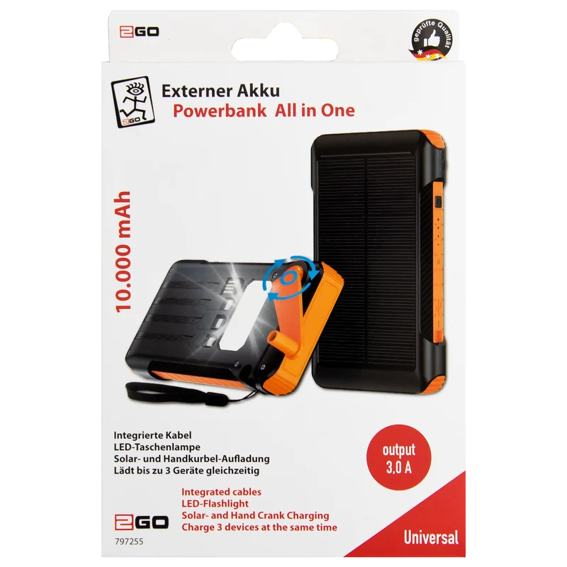 Powerbank All-in-One - 10000 mAh - Notfall-Solar-Panel & Handkurbel - 1 x USB A - integrierte Kabel - LED - Status-LED - schwarz / orange