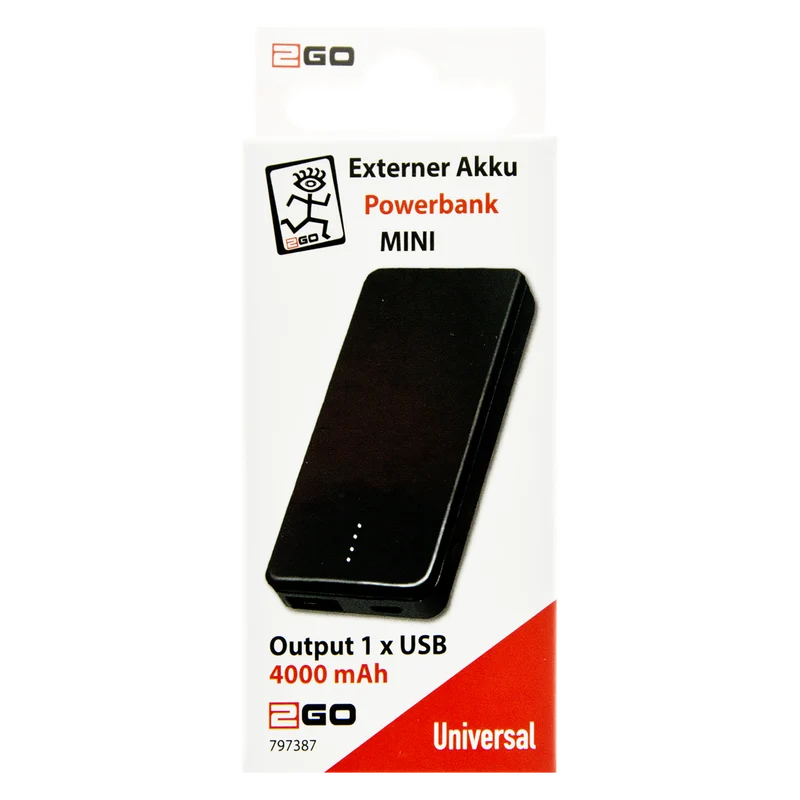 Powerbank Mini - 4000 mAh - 1 x USB A - 4 Status-LED - USB Type-C Kabel - schwarz