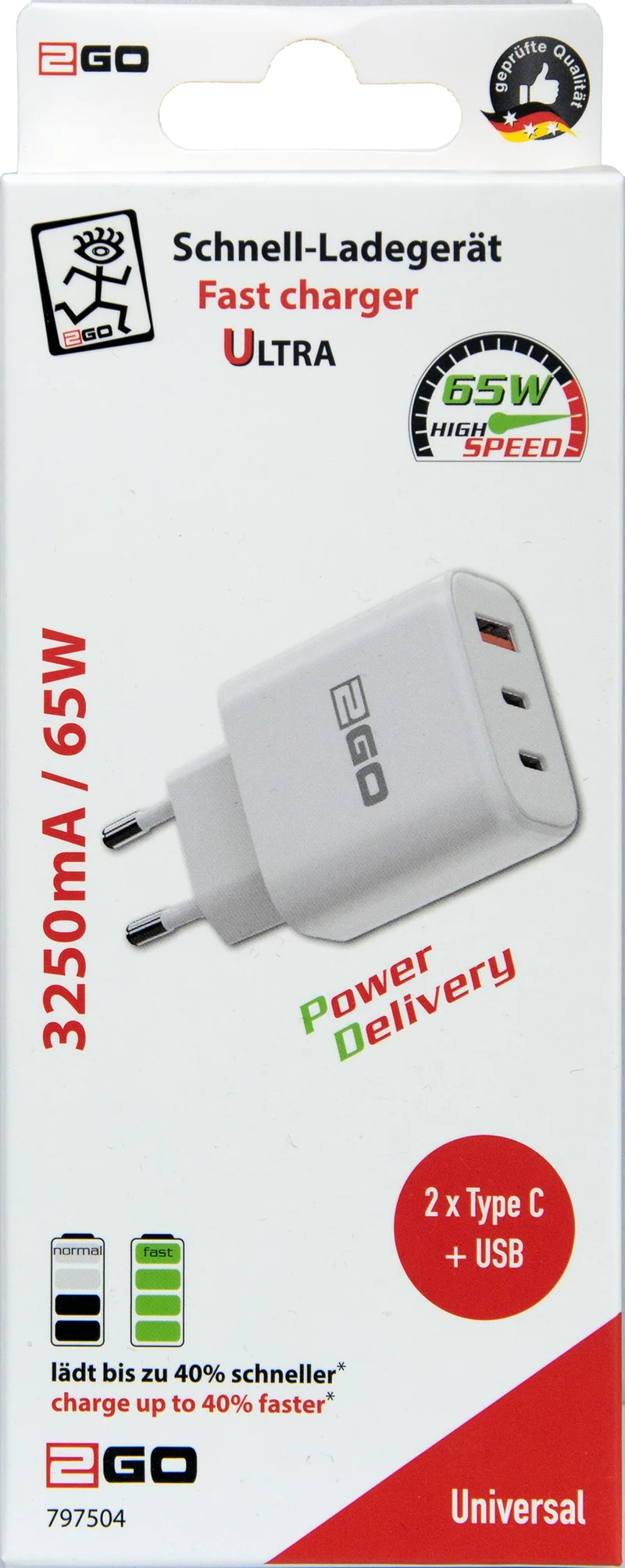 Netz-Ladegerät 100 V - 240 V - Power Delivery - 1 x USB A & 2 x USB Type-C - 65 W - 3250 mA - weiß