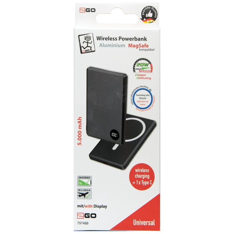 Wireless Powerbank - MagSafe kompatibel - 5000 mAh - 1 x USB Type-C - USB A auf USB Type-C Kabel inklusive - schwarz