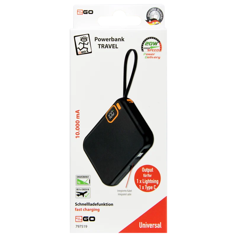 Powerbank Travel 10000 mA - 1 x USB Type-C - 1 x 8-Pin (Lightning) & 1 x USB Type-C Kabel - Handschlaufe - schwarz / orange
