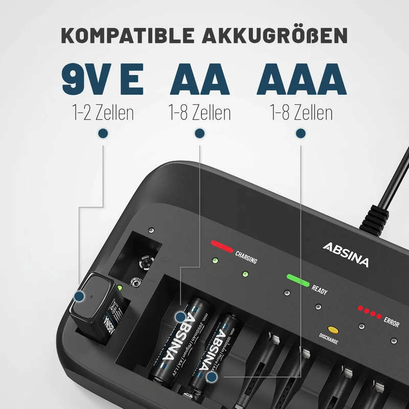 Akkuladegerät X10 für AA, AAA und Blockakkus mit 9 V