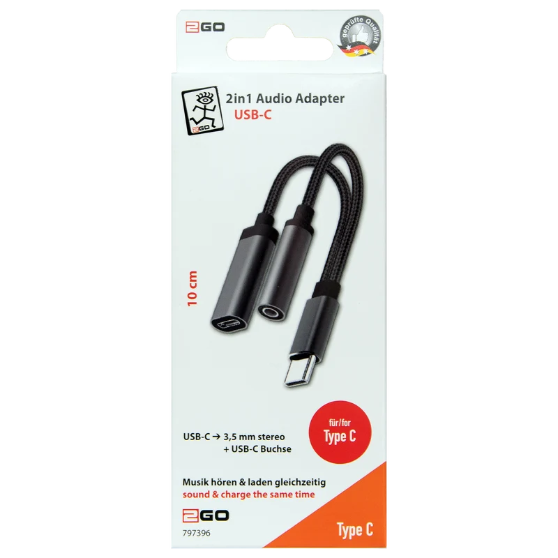 2 in 1 Audio- und Lade-Adapter - USB Type-C Stecker USB Type-C & Klinkenbuchse - 10 cm
