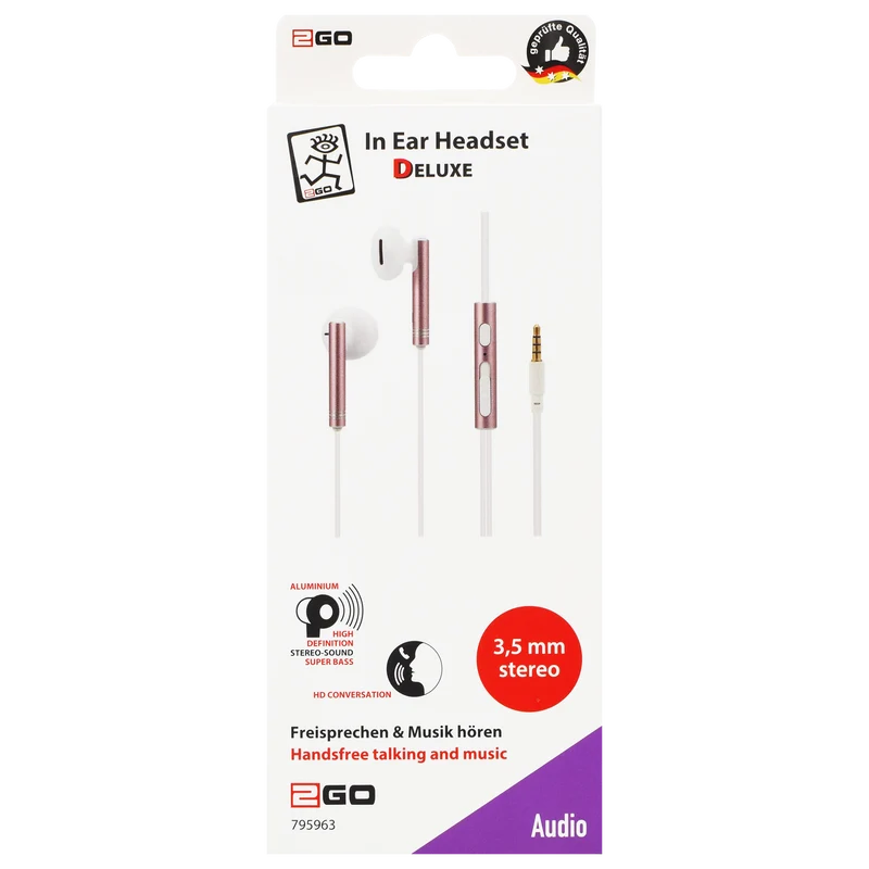 In-Ear Stereo-Headset "Deluxe" - Aluminium - Rufannahme - Lautstärkeregelung - Klinkenstecker - weiß / rosa