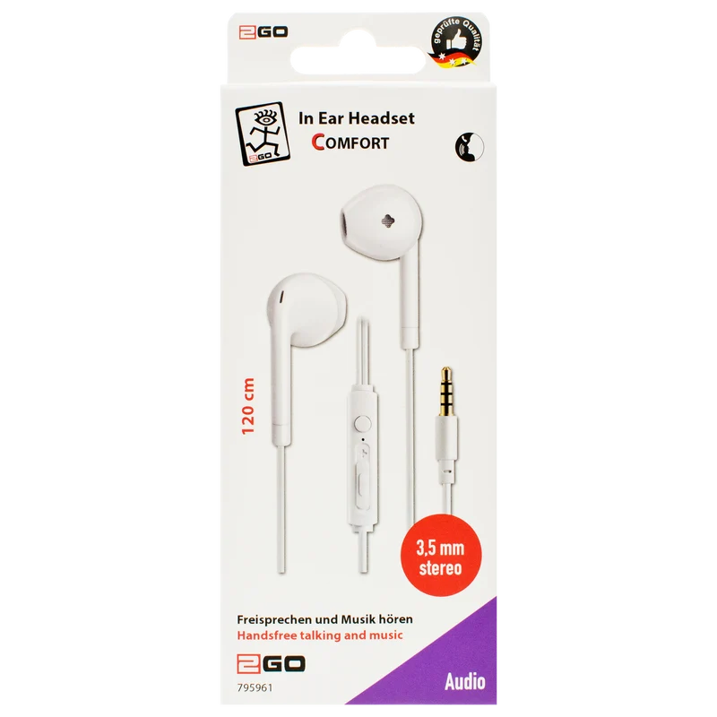 In-Ear Stereo-Headset "Comfort" - Rufannahme - Lautstärkeregelung - Klinkenstecker - weiß