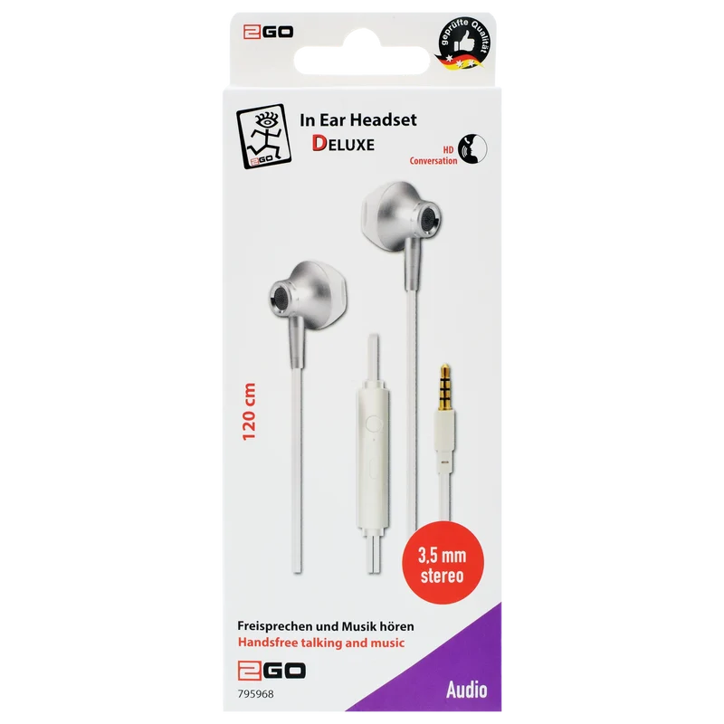 In-Ear-Headset "Deluxe" - Aluminium-Gehäuse - Rufannahme - Lautstärkeregelung - Klinkenstecker - weiß / silber
