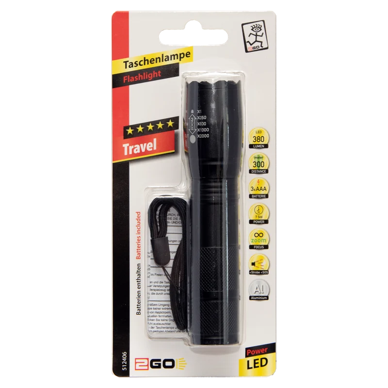 LED Taschenlampe "Travel" - 160 Lumen - 5 Modi - zoombar - mit Handschlaufe