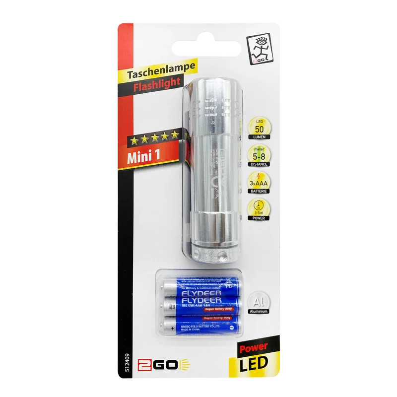 LED Taschenlampe "Mini 1" - 50 Lumen - nur 32 g - 9 weiße LEDs - silber