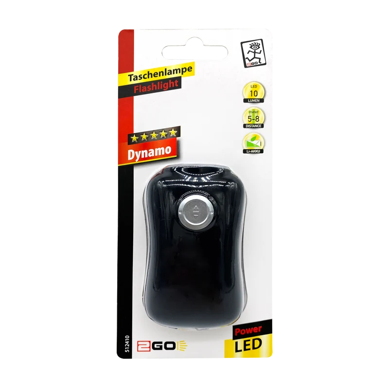 LED Taschenlampe "Dynamo" - Li-Ion Akku - 10 Lumen - 3 LEDs - mit Handkurbel - schwarz