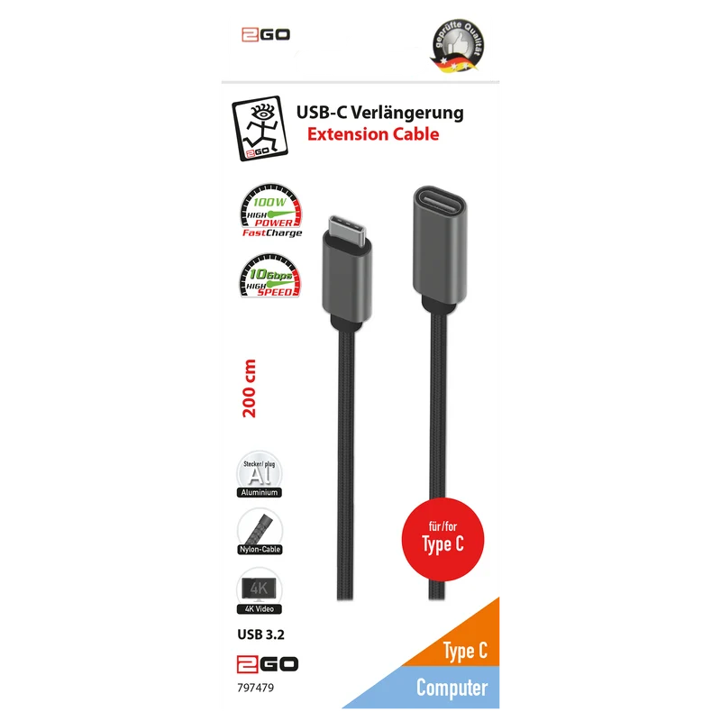 Verlängerung - USB Type-C Stecker auf USB Type-C Buchse - 200 cm - grau