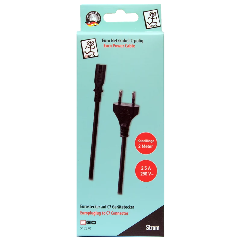 Euro-Netzkabel 2-polig – C7 auf Euro-Stecker - 10A - 2400W - 200cm - schwarz