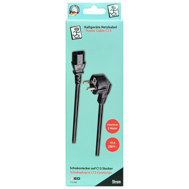 Kaltgeräte-Netzkabel - C13-Stecker auf Schuko-Stecker - 10A - 2500W - 200cm - schwarz