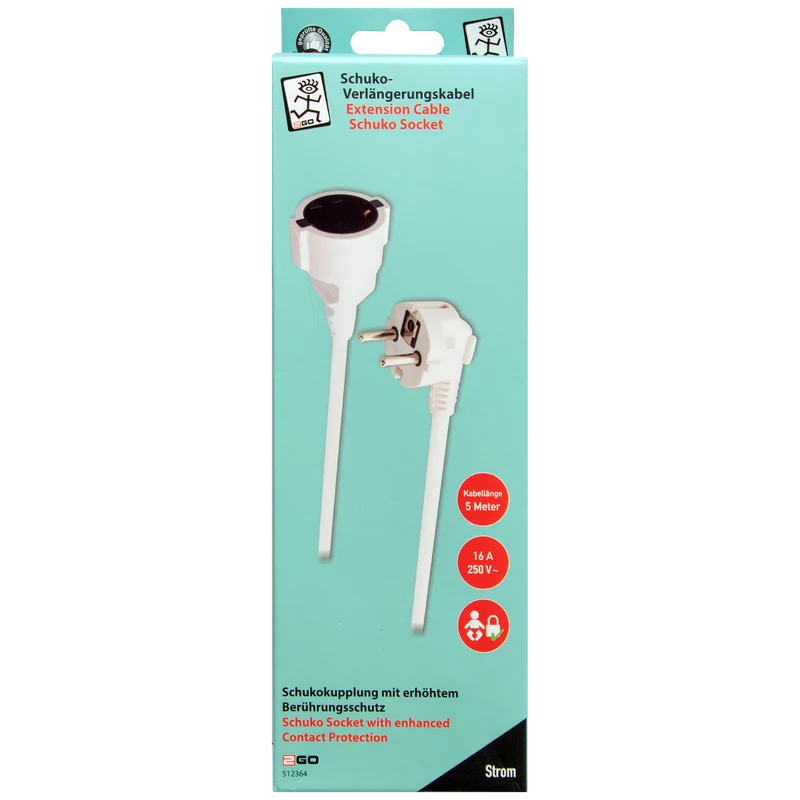 Schuko-Verlängerung mit Winkelstecker – 16A - 3680W - 500cm - weiß