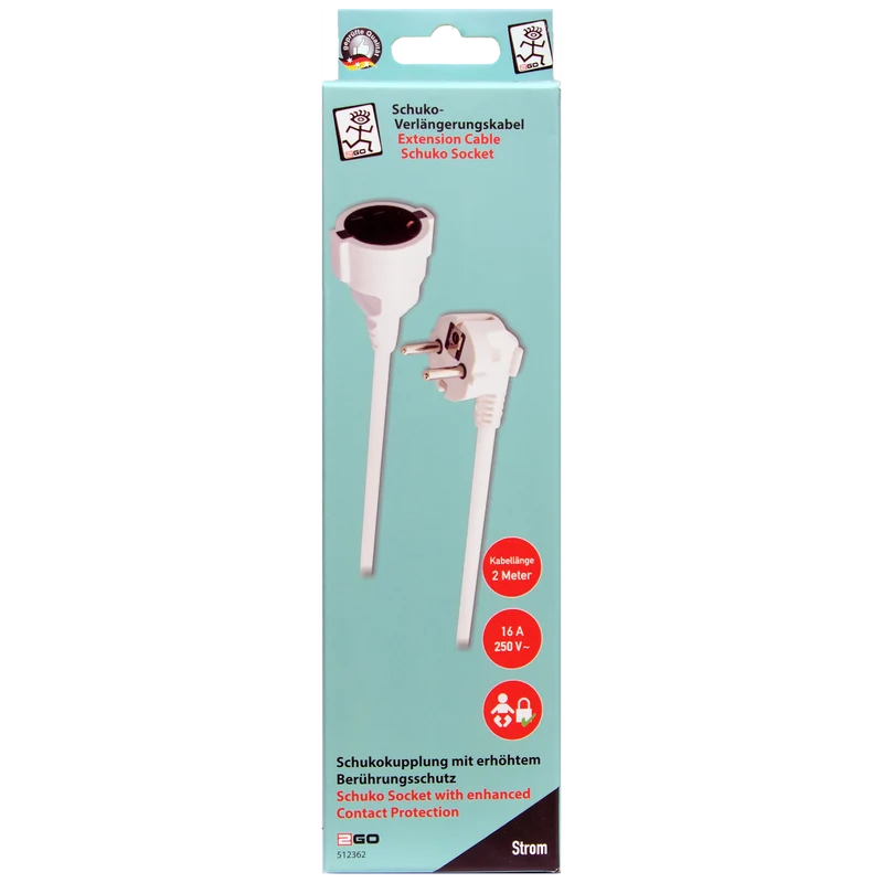 Schuko-Verlängerung mit Winkelstecker – 16A - 3680W - 500cm - weiß