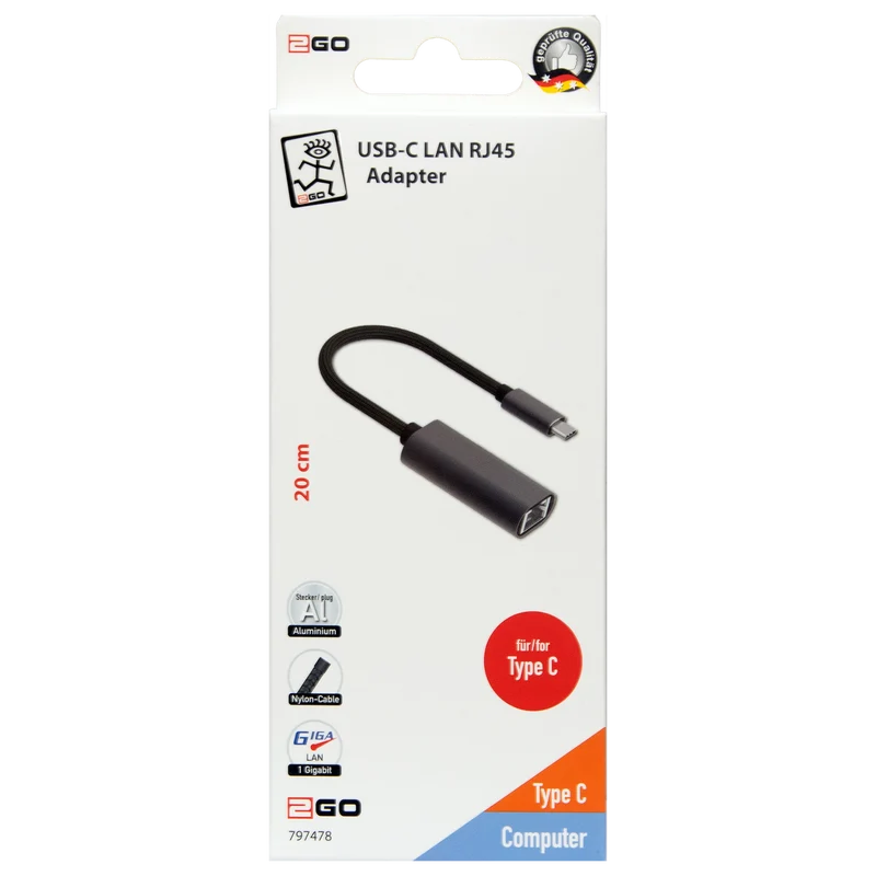 Adapter USB Type-C auf LAN RJ45 - Aluminium-Gehäuse - bis zu 1000 MBps Datenübertragung - schwarz / silber