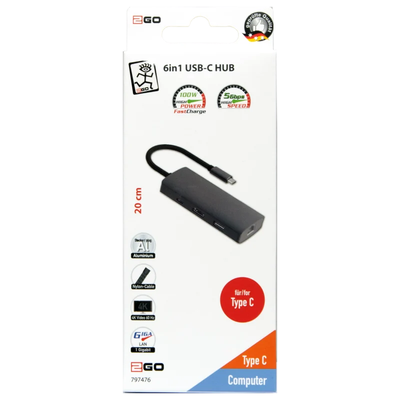 6-in-1 USB Type-C Hub - Laden bis 100 W - Datenübertragung bis zu 5 GBps - silber / schwarz
