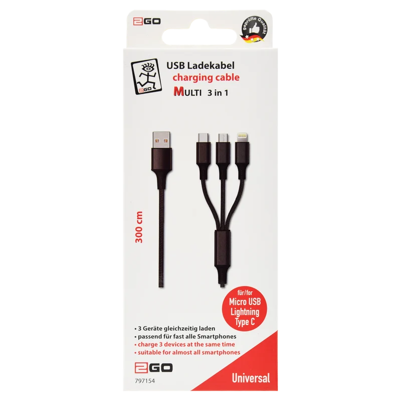 3 in 1 USB Ladekabel - USB A auf Micro-USB / 8-Pin (Lightning) / USB Type-C - 300 cm - schwarz