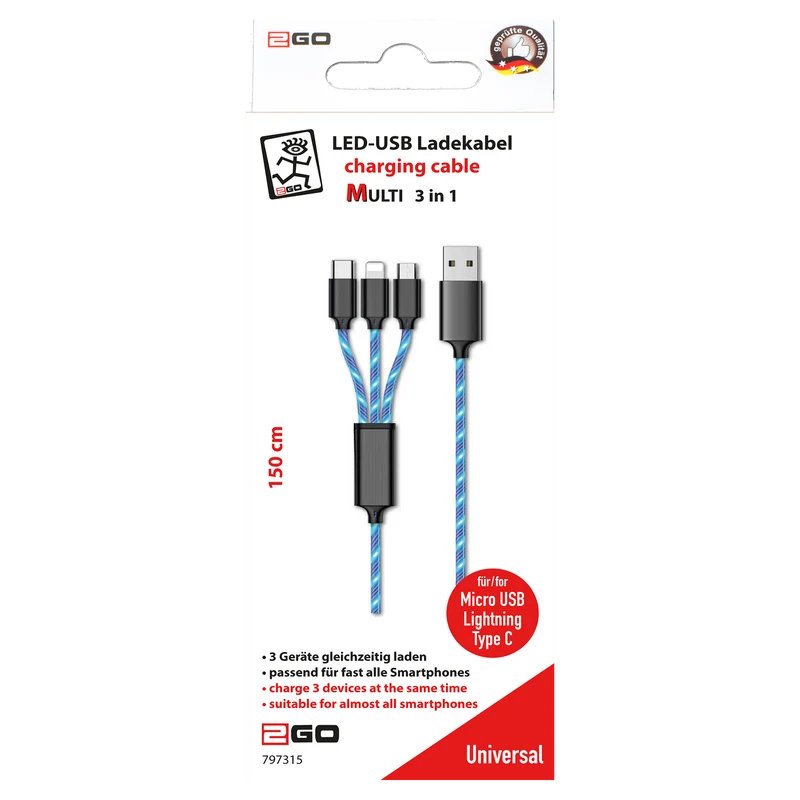3 in 1 USB LED Kabel - USB A auf Micro-USB / 8-Pin (Lightning) / USB Type-C - 100 cm - transparent mit blauem LED-Lauflicht