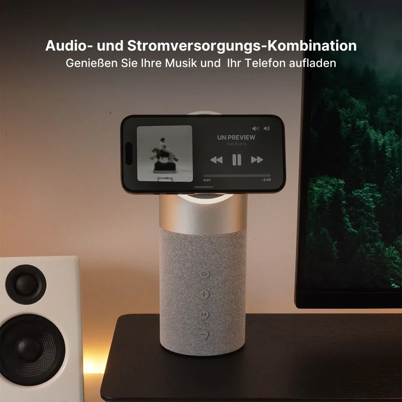 3-in-1 Kabelloses Ladegerät, Bluetooth-Lautsprecher & Nachtlicht