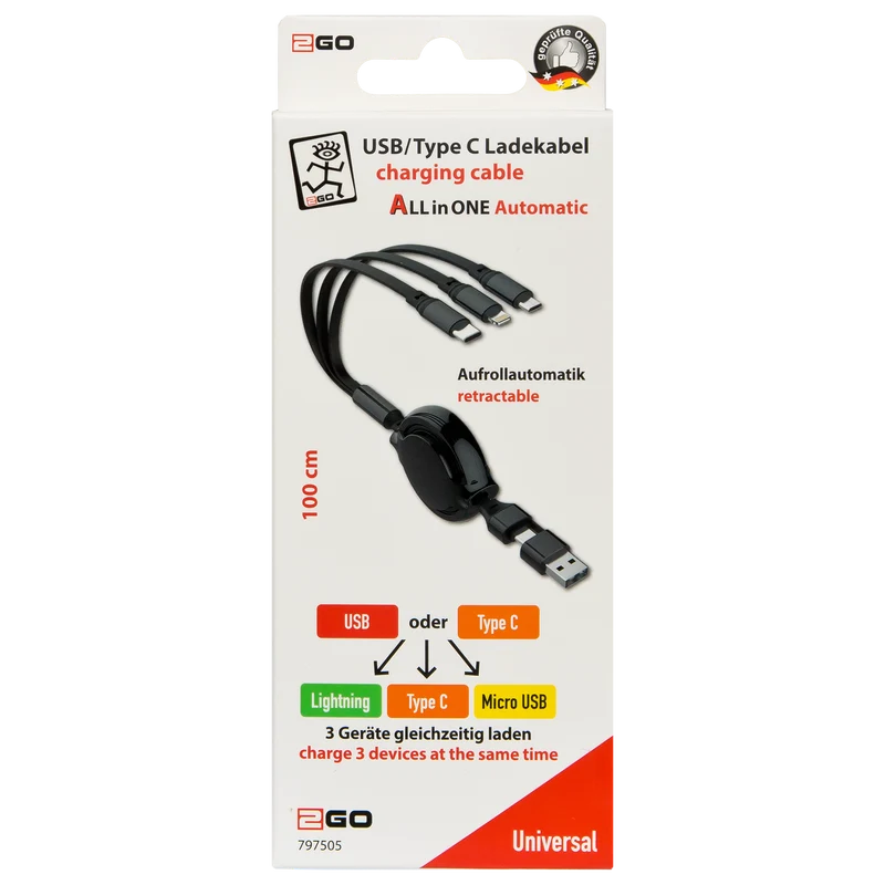 5 in 1 USB Ladekabel mit Aufroll-Automatik - USB A / USB Type-C auf Micro-USB / 8-Pin (Lightning) / USB Type-C - 20 cm bis 100 cm variabel - schwarz
