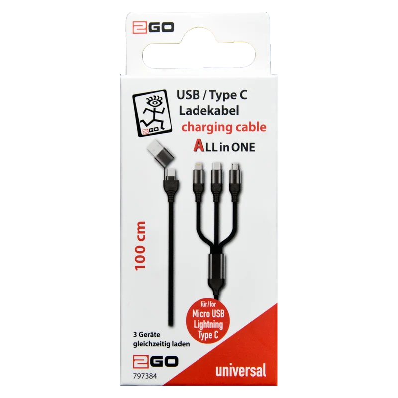 All in One USB Ladekabel - USB A / USB Type-C auf Micro-USB / 8-Pin (Lightning) / USB Type-C - 100 cm - schwarz