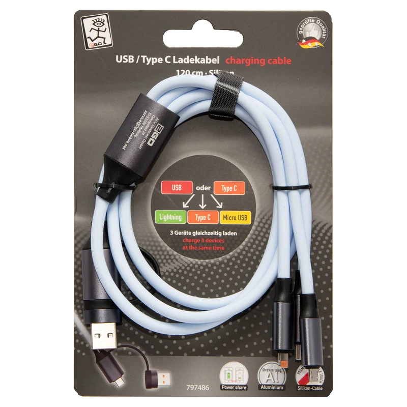 All in One USB Ladekabel - USB A / USB Type-C auf Micro-USB / 8-Pin (Lightning) / USB Type-C - 120 cm - verschiedene Farben