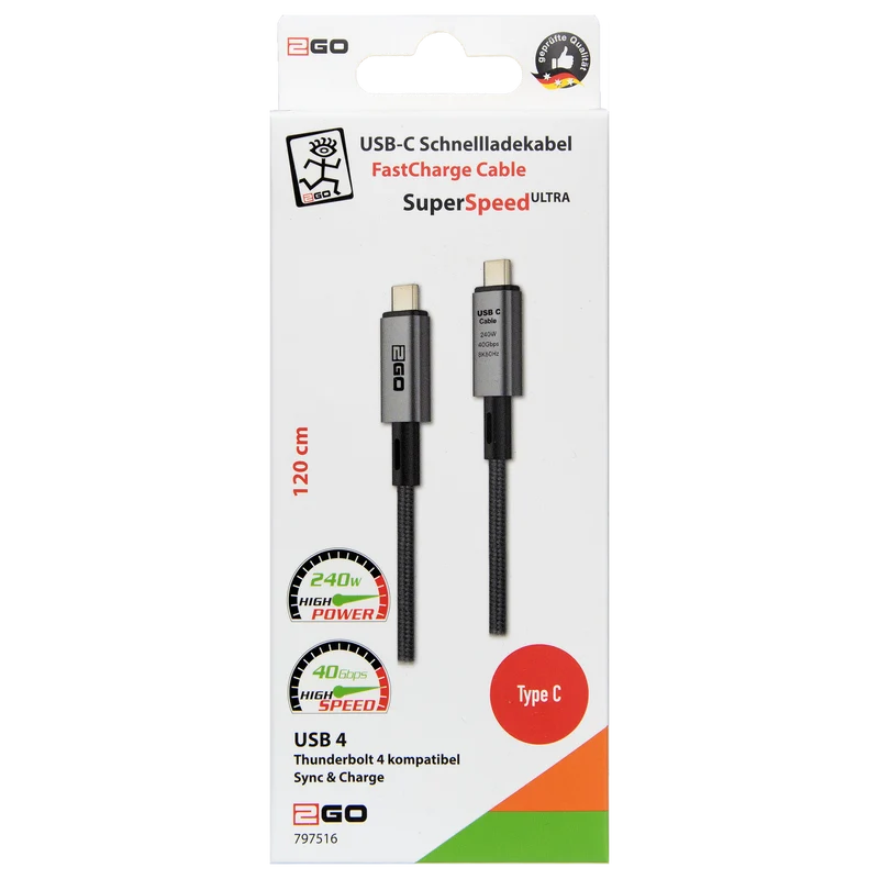 USB Datenkabel - Ultra High Speed - USB Type-C auf USB Type-C - 120 cm - grau