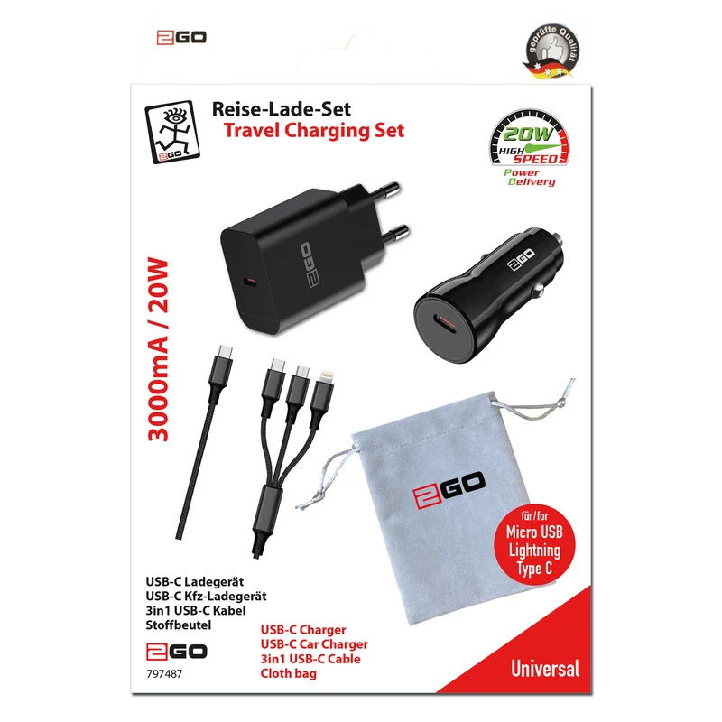 Universal Reise-Ladeset für USB Type-C Geräte - 12 V / 24 V & 100 V - 240 V Ladegerät - 3 in 1 Kabel - 3000 mA - 20 W